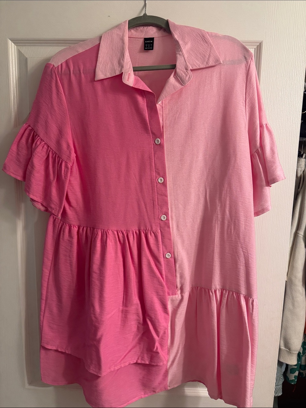 SHEIN Two-Tone Pink Ruffle Sleeve Button-Down Dress